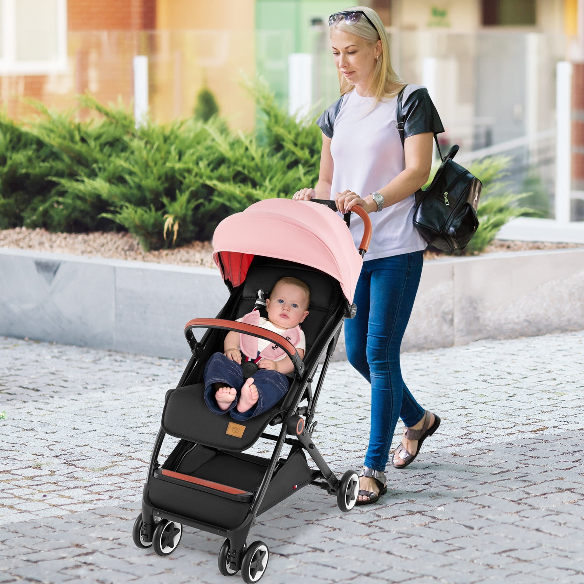 Costway Lightweight Baby Stroller Aluminium Frame with Net for Travel Pink