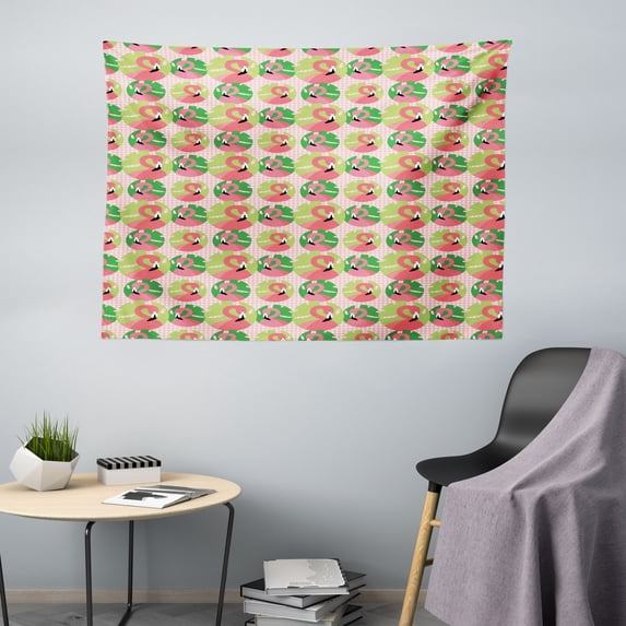 Exotic Tapestry, Flamingo Birds in Doodle with Palm Leaves on Tartan Backdrop Print, Fabric Wall Hanging Decor for Bedroom Living Room Dorm, 5 Sizes, Fern Green and Pink, by Ambesonne
