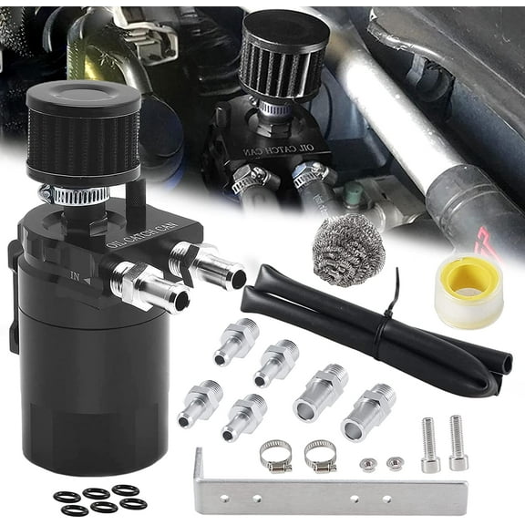 YIUIY Universal Oil Catch Can Breather Tank Baffled Filter With 3/8" Fuel Line,Aluminum,300ml（Black）
