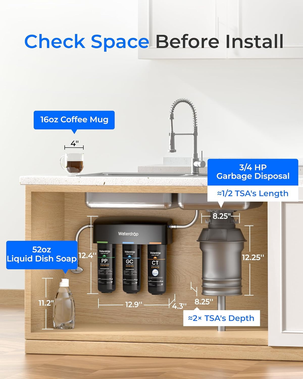Waterdrop TSA 8 Layer Under Sink Water Filter System,  Reduces PFAS, PFOA/PFOS, Fluoride, Chlorine, Bad Taste & Odor, with WD-10PP Water Filter