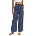 thumbnail image 4 of Linen Wide Leg Pants for Women Elastic Waist Solid Color Palazzo Pants Casual Summer Drawstring Long Pants with Pockets Flowy Beach Vacation Clothes, 4 of 8