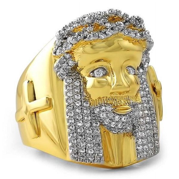 Iced Out Gold Jesus Ring with Cross