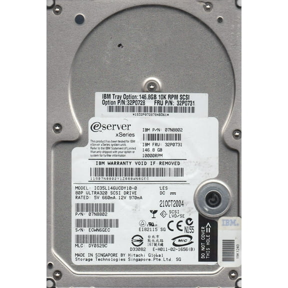 IC35L146UCDY10-0, PN 07N8802, MLC DY0S29C, IBM 146.8GB SCSI 3.5 Hard Drive