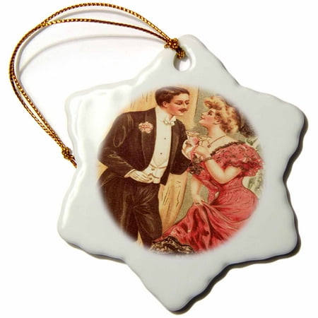 3dRose Vintage Picture Of New Years Eve Couple - Snowflake Ornament, 3-inch