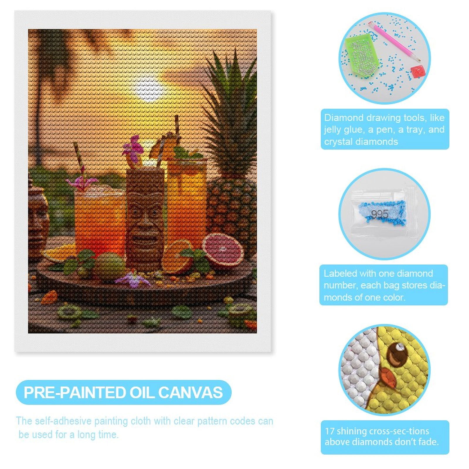 Diamond Art Kits for Adults, Tropical Sunset Tiki Drinks Scenery 5D Diamond Painting Kits for Adults Beginners, DIY Full Drill Diamond Painting, Gem Art and Crafts 12x16