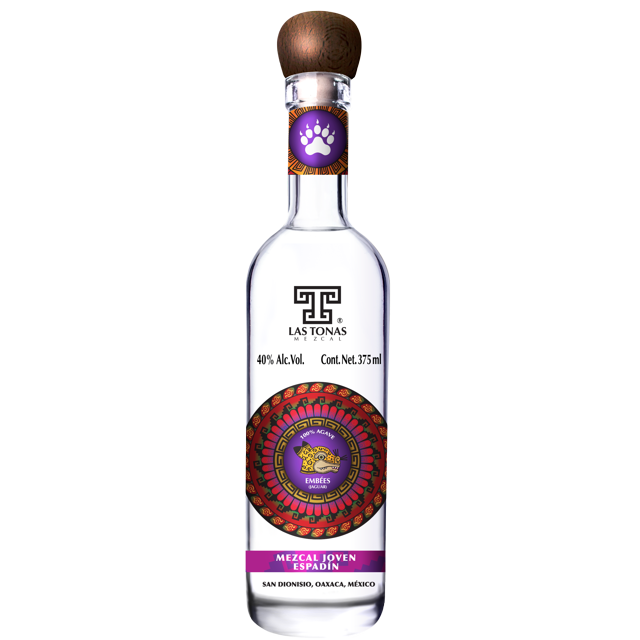 mezcal las tonas embees joven 375 ml vid mexicana mezcal botella frontal con tapón de madera; vidrio claro de cuerpo alto, etiqueta superior morada con huella y logotipo 'Las Tonas', texto '40% Alc.Vol. Cont. Net. 375 ml', etiqueta central circular con motivos oaxaqueños y sello 'Embees', banda inferior blanca con leyenda 'Mezcal Joven Espadín' y 'San Dionisio, Oaxaca, México'.