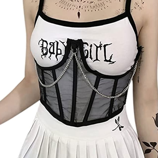 Corsé con cordones de tela de malla transparente para mujer, cadena de metal con cordones y cinturón de ancho de banda expuesto en el pecho
