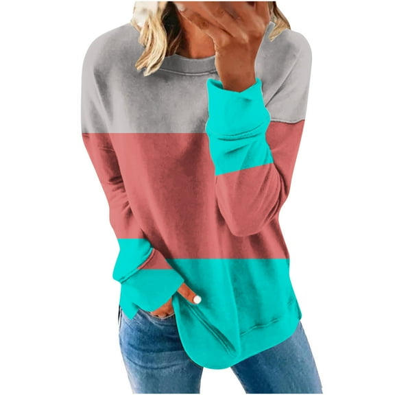 JWZUY Women Crew Neck Long Sleeve Outwear Trendy Sweatshirt Adorable Jumper Color Block Sweatshirts Comfortable Pullover Orange XL