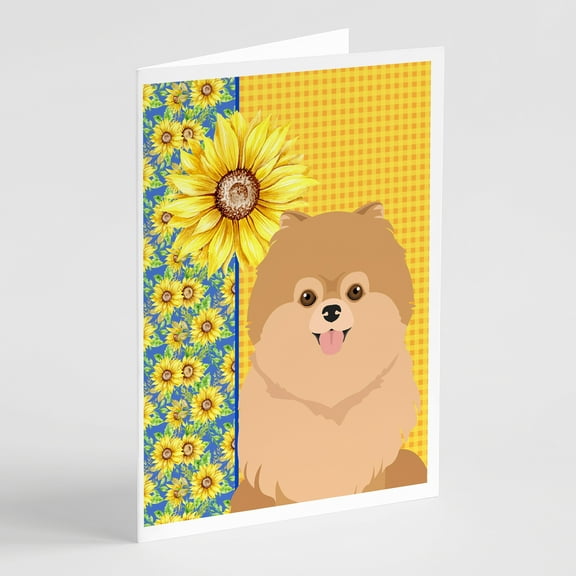 Summer Sunflowers Orange Pomeranian Greeting Cards and Envelopes Pack of 8 7 in x 5 in