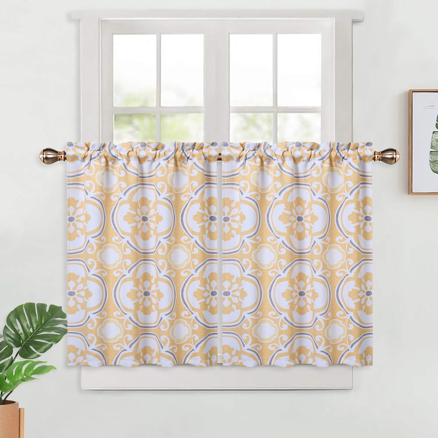 Haperlare Yellow Cafe Curtains 26"Wx36"L Damask Floral Farmhouse