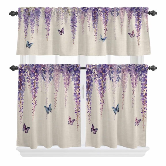 3 Piece Kitchen Curtains and Valances Set Wisteria Cafe Curtains 36 Inch Length Spring Purple Flowers Butterflies Vintage Beige Valance & Tier Curtain for Living Room Bedroom Window 54"x18" 27"x36"*2