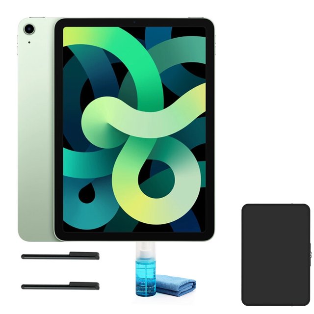 apple ipad air 10.9 inch (256gb, wi-fi only, green) new-open box iPad Air verde 10.9" (256GB, Wi‑Fi) vista frontal centrada con pantalla Liquid Retina encendida y marco delgado; parte trasera verde con cámara visible, funda negra a la derecha, dos lápices táctiles genéricos y kit de limpieza con paño y spray; compatible con Apple Pencil 2 (se vende por separado) y adecuado para productividad y dibujo digital.