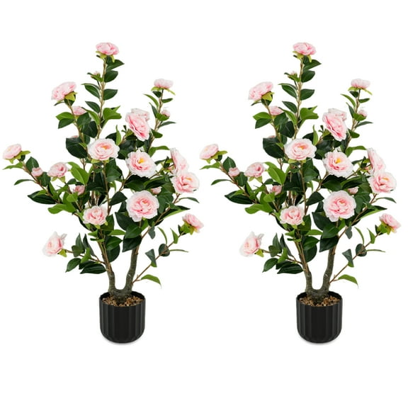 Gymax 2PCS 38'' Artificial Camellia Tree Faux Floral Plant Fake Tree for Decoration