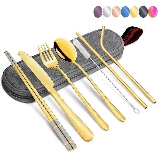 Camping Cutlery Set - 304 Stainless Steel Portable Utensils Including Case and Straw, Straight Straw, Knife, Fork, Spoon, Chopsticks, Cleaning Brush -
