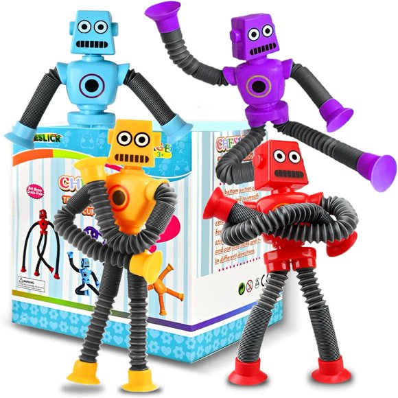 Bamboohart Autism Sensory Toys for Kid Boys Year Old Ages 4 5 6 7 8 9 10(4PCS) Suction Robot Toy Pop Tube Fidget Toys Autistic Travel Toys Valentine‘s Day Gift Easter Basket Stocking Stu