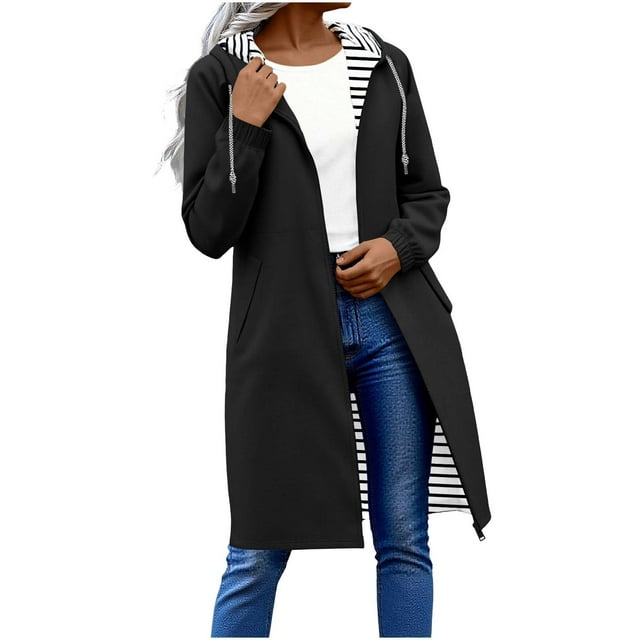 Qetyuw Manteau Long à Capuche pour Femmes Imperméable à Fermeture Éclair Complète Veste Ouverte Extérieure Décontractée à Manches Longues