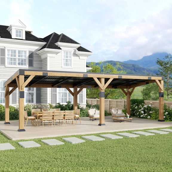 10x22 ft Cedar Wood Gazebo with Sloped Galvanized Steel Roof, Hardtop Gazebo Pavilion with Durable, Rot-Resistant Construction