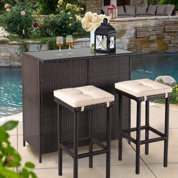 SOLAURA 3 Pieces Outdoor Bar Set Patio Wicker Bar Table and Stools Set - Brown