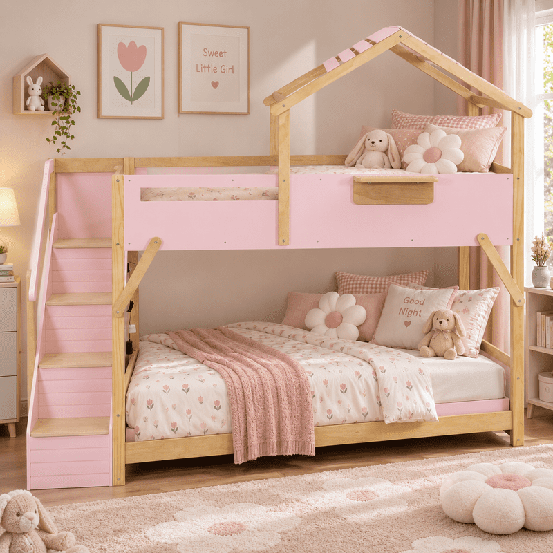 Twin Over Twin House Bunk Bed with Stairs, 3-Color LED Lights and Storage Shelf, Wooden Bunk Bed Frame with Guardrails and Roof Frame for Kids Bedroom