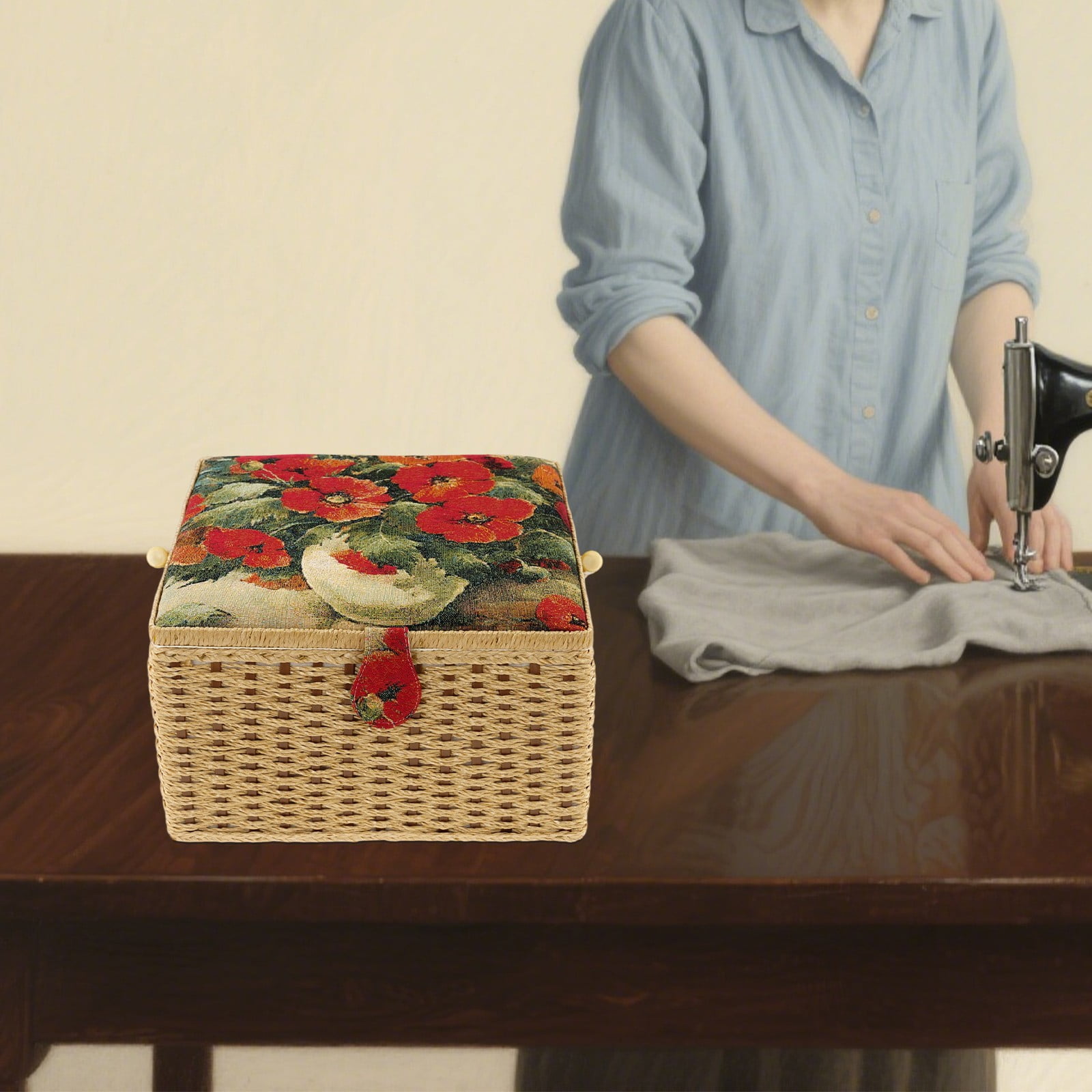 Large Capacity Sewing Basket, 12.4 X 12.4 X 7.48in Portable Sewing Kit Storage Box for Scissors, Needles, Buttons