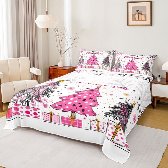 Feelyou Merry Christmas Full Size Sheets, Pink Christmas Tree Bed Sheets, Teens Kids Girls Women Sheet Sets, Luxury Bedroom Decor, 4-Piece
