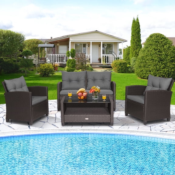 Demifill 4 Pieces Patio Rattan Conversation Furniture Set with Glass Top Coffee Table, Patio Furniture Set for Outdoor as Garden, Backyard, Porch, Gray