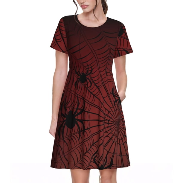 Disketp Spiders On A Web para Vestido de Manga Corta para Mujeres, Vestidos de Verano para Mujeres, Casual y Holgado para la Playa