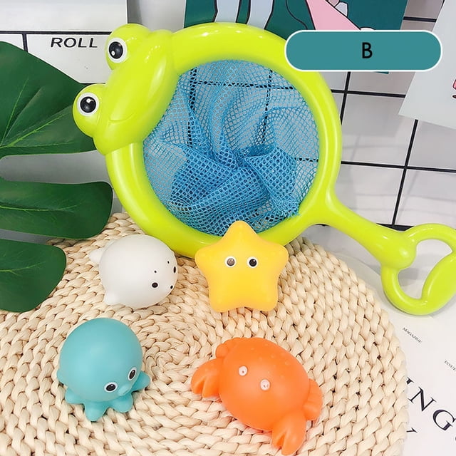 B Floating Ocean Squeaky Toys Bath Time Fun Water Play Set With Fishing Net And 4 Light Up Toys For Kids Pool And Bath Tub 180G