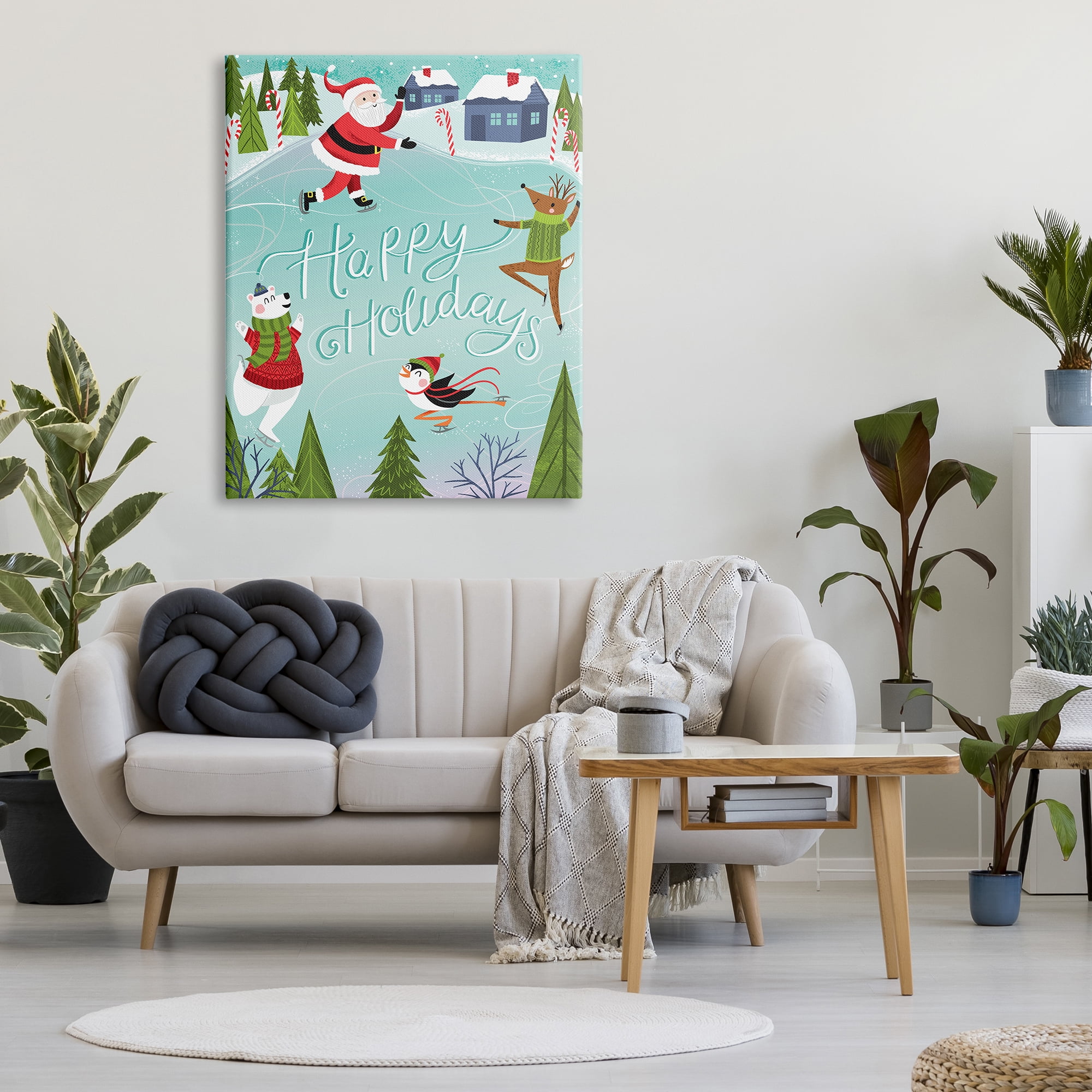 Stupell Industries Happy Holidays Phrase Festive Winter Ice Skating Animals Animals & Insects Painting Gallery Wrapped Canvas Print Wall Art, 36 x 48