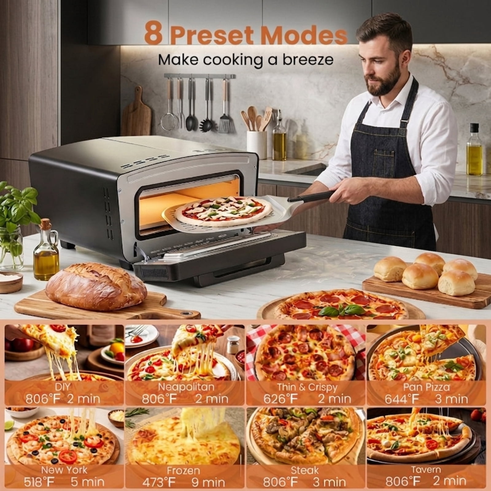 RUIE Indoor Electric Pizza Oven for 12 Inch Pizzas, 1700W Countertop Pizza Maker with 8 Presets 850F Pizza Stone and Peel for Home Kitchen, Black