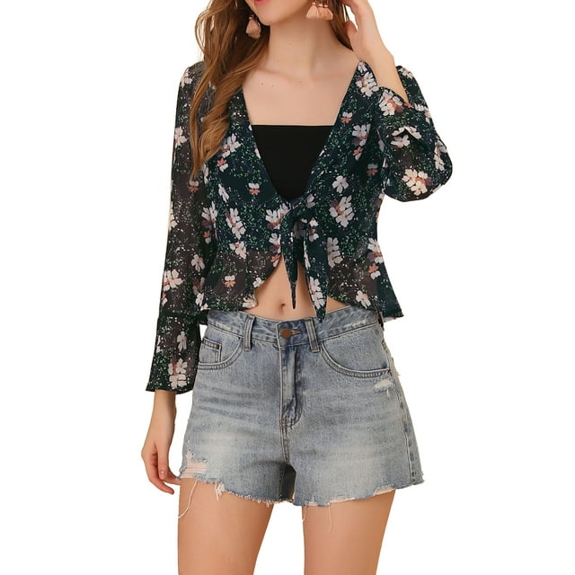 Unique Bargains Boléro en Chiffon Semi-Transparent Élégant à Fleurs pour Juniors