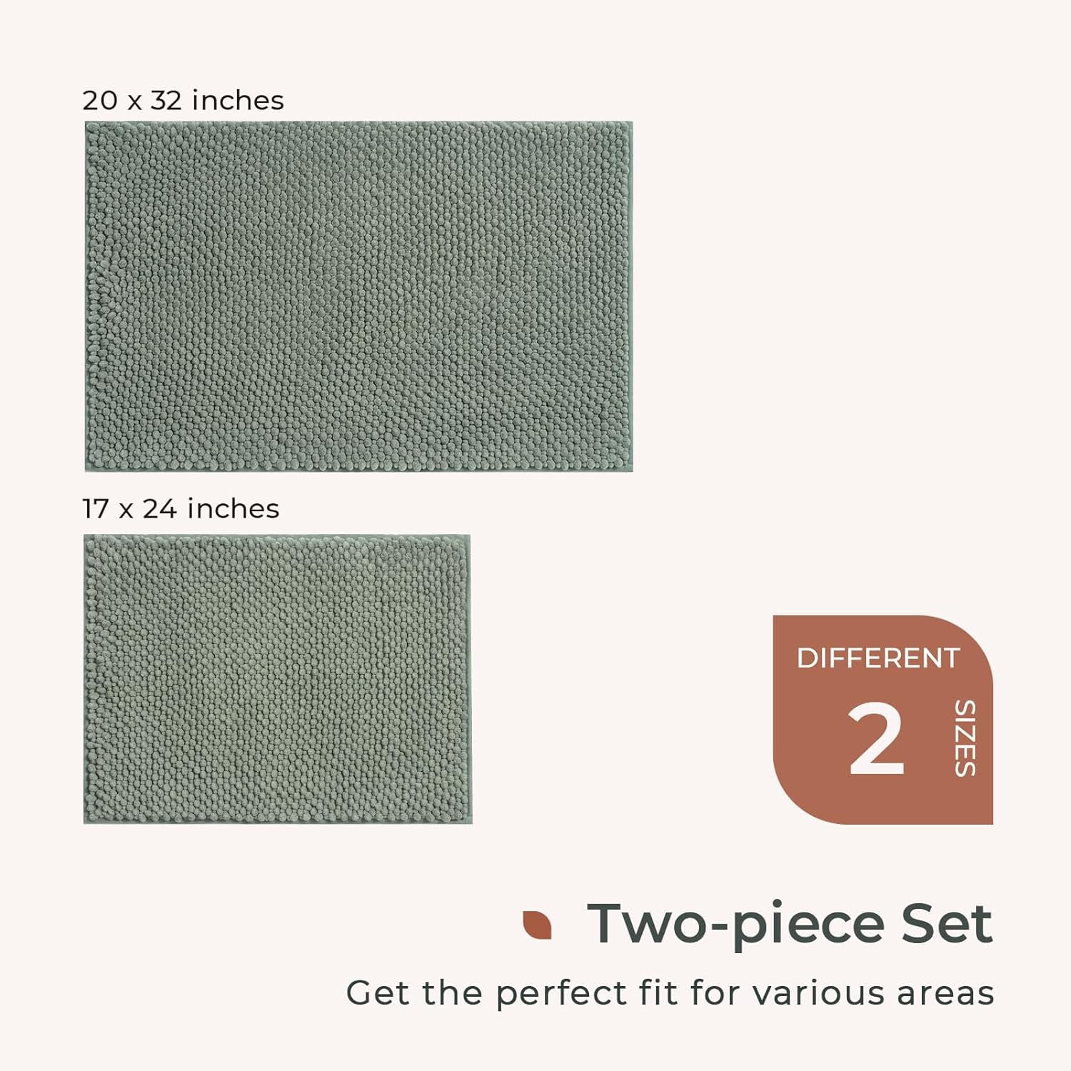 FRESHMINT Chenille Bathroom Rugs 2 Piece Set - Non-Slip Water Absorbent 17''x24''+20''x32''+ Bath Mats, Sage Green