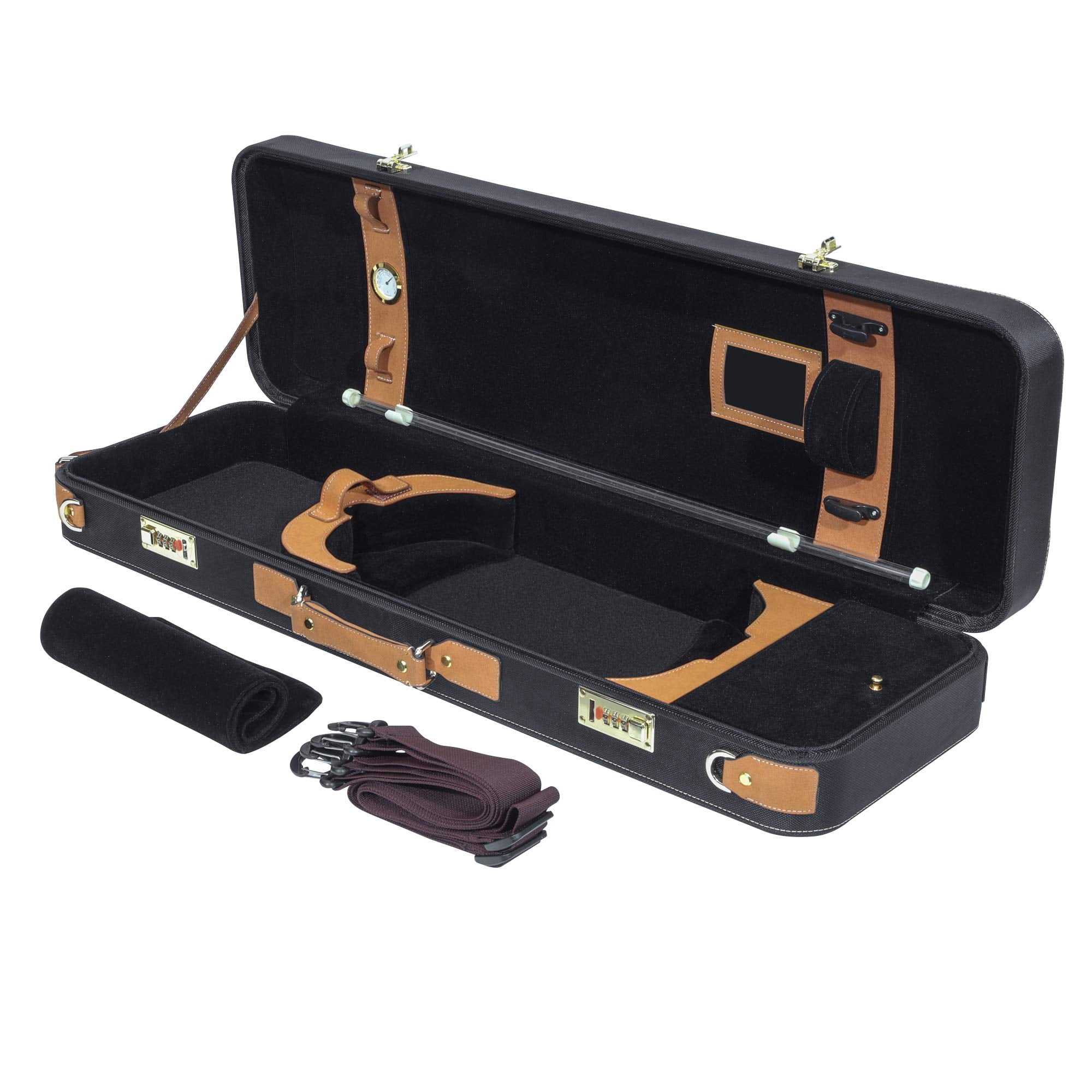MI&VI Deluxe Hardwood Violin Travel Case 4/4 (Full Size) With Leather Handles | Adjustable Shoulder Straps | Thermal Insulation | Oblong Shape | Photo Pocket | Hygrometer- By MIVI Music (Brown/Black)