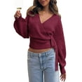 thumbnail image 2 of Women'S V Neck Wrap Sweater Long Lantern Sleeve Cinched Waist Crop Tops Fall Knitwear Red M, 2 of 8