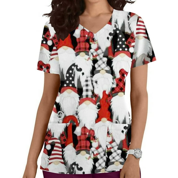 purcolt Christmas Scrubs for Women, Womens Gnome Elf Print Professional Scrubs Tops Short Sleeve V Neck Nursing Workwear Tunic Working Uniform Medical Blouse with Pockets
