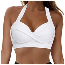 Jdkau Bikini Top Women Halter Bikini Tops Push Up Bikini Top V Neck Twist Front Swimsuit Top Full Coverage Bikini（White,XXL）