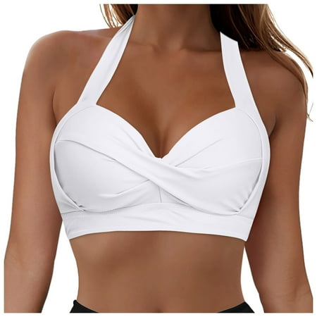 vigerkar Full Coverage Bikini Top for Women Halter Push Up Swim Crop Top Tie Back Bathing Suit (No Bottom) White  XXL