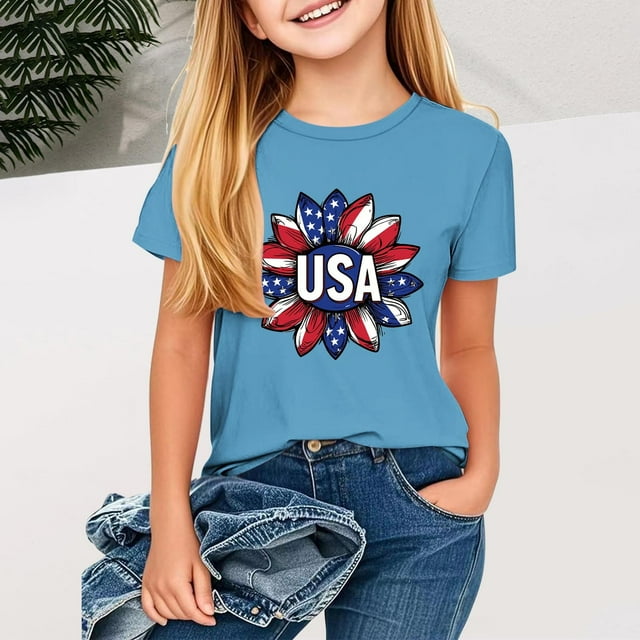 MKOSPLRT T-Shirt Drapeau des États-Unis pour Tout-Petit à Manches Courtes Col Ras du Cou T-Shirts du 4 Juillet Jolies Fleurs Étoiles et Rayures T-Shirts Graphiques pour 2-13 Ans