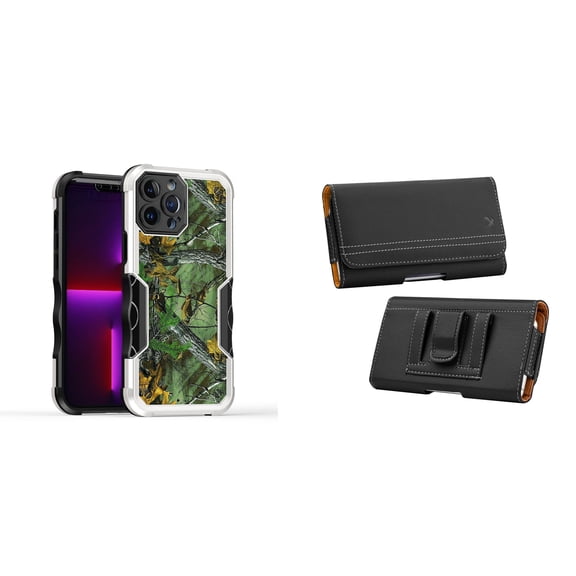 Case and Pouch Bundle for iPhone 14 Pro Max: Heavy Duty Armor Rugged Case (Hunting Camo) and PU Leather Magnetic Belt Holster