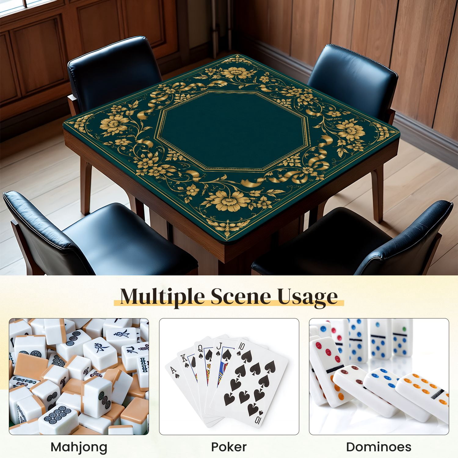 Mahjong Mat 31.5" x 31.5" Elegant Dark Green Gold Floral Ornamental Frame Ribbons Border Non-Slip Noise Reduction Mahjong Tiles Table Cover for Dominoes Poker Card Board and Tile Games