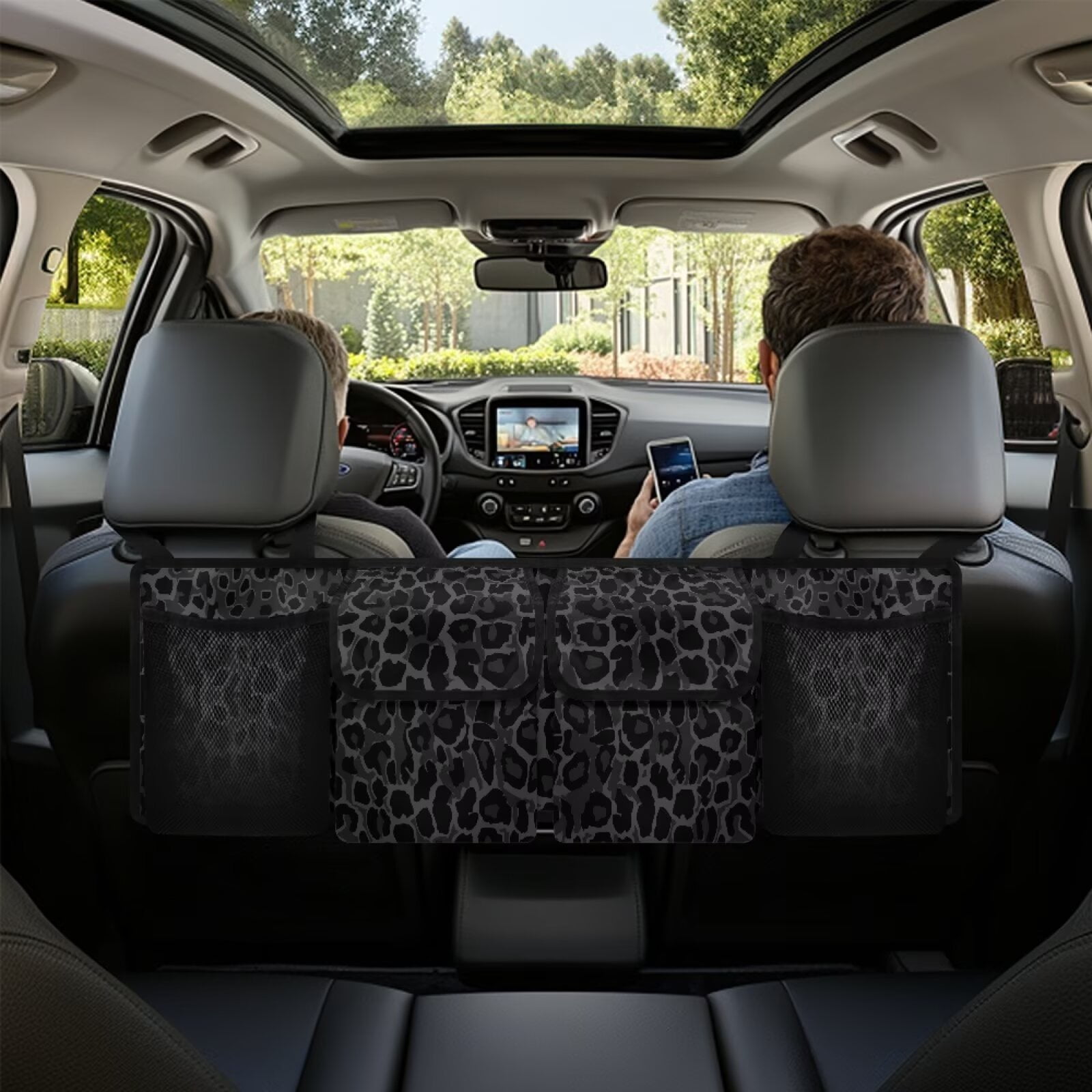 KUIFORTI Car Trunk Organizer Small SUV Trunk Organizers and Storage, Balck Leopard Print Car Organization Women Stylish Car Accessories with 4 Pockets, Leave Room for Buying and Shopping