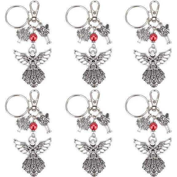 Silver Angel Charm Keychain 6 pcs Guardian Angel Keychain Accessories Gift Baptism Favors Key Ring for Women Funeral Party Gifts Arts Thanksgiving Christmas Gifts 3.7 inches for DIY