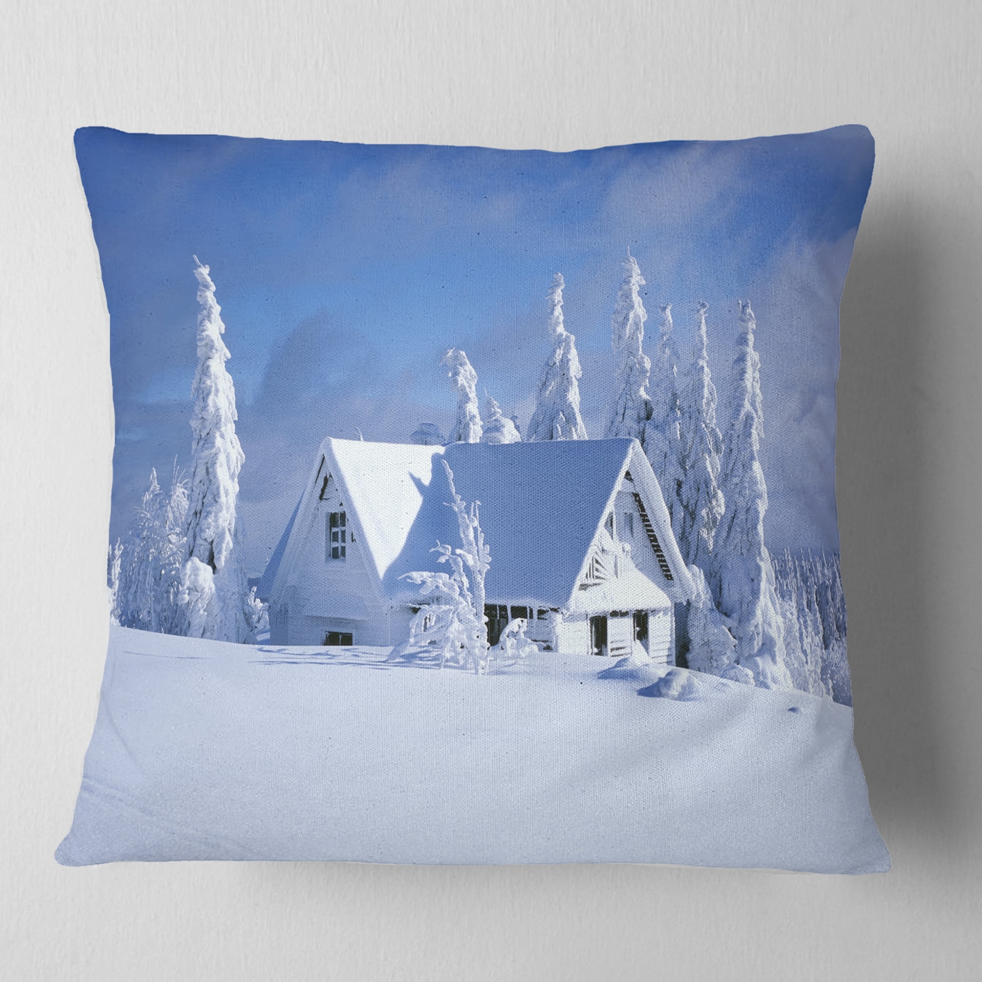 Designart Orlicke Hory Cottage in Winter - Landscape Photography Throw Pillow - 18x18