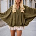 thumbnail image 4 of QHFBli Women's Puffed Bomber Jacket Oversized Streetwear Casual Batwing Sleeve Lapel Collar Zip Front Pleated Shirts, 4 of 9