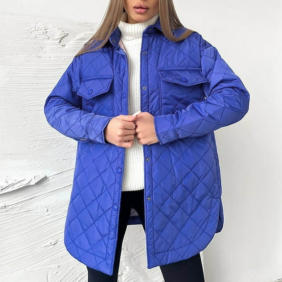 BLTIBY Womens Diamond Quilted Puffer Jacket Lightweight Padding Oversize Coat with Pockets Button Down Warm Winter Outwear with Belt Blue L