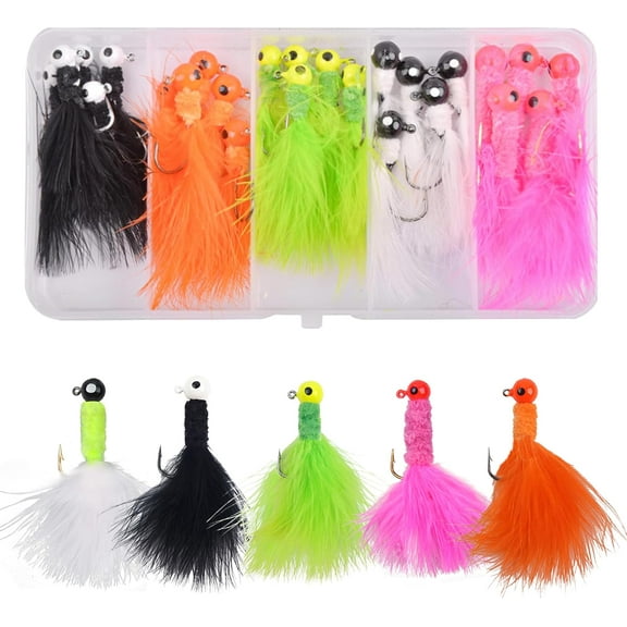 Fishing Crappie Jig Heads 25pcs Marabou Feather Jig Head Hooks Fishing Lures Jigs Kit for Walleye Panfish Sunfish Bluegill Perch 1/16oz 1/32oz