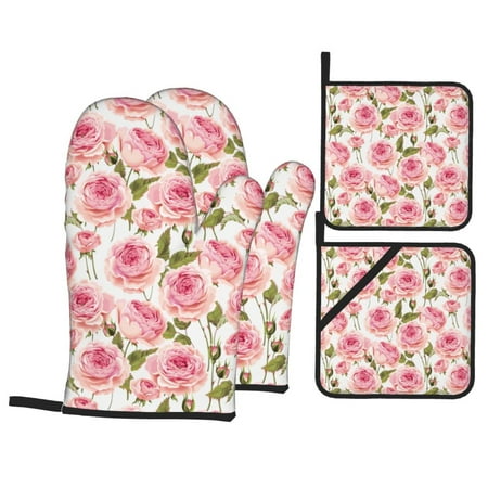 

Oven Mitts and Pot Holders 4 pcs Set Beautiful Rose Flowers A Heat Resistant Pot Holders Oven Mitts for kitchen Non-Slip Hanging Loop Oven Glove Potholders for Baking Cooking
