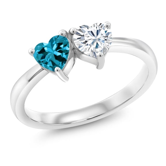 Gem Stone King 925 Sterling Silver Fashion Right-Hand Ring Set with Heart Shape London Blue Topaz and Moissanite (1.05 Cttw, Size 8)