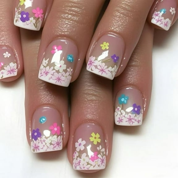 24 Pcs Colorful Flowers False Nail Summer Artificial Nail Full Cover Stick on Nail Medium Square Press On Nail