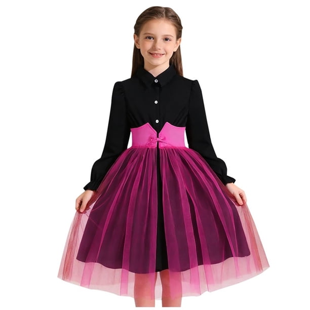 Vestido Formal Corto de Manga Larga Estilo Vestido de Malla de Solapa de Color Sólido para Niños con Mangas Hinchadas Y Falda en Capas, Cintura de Contraste con Arco, Vestido Cómodo Casual para Niños